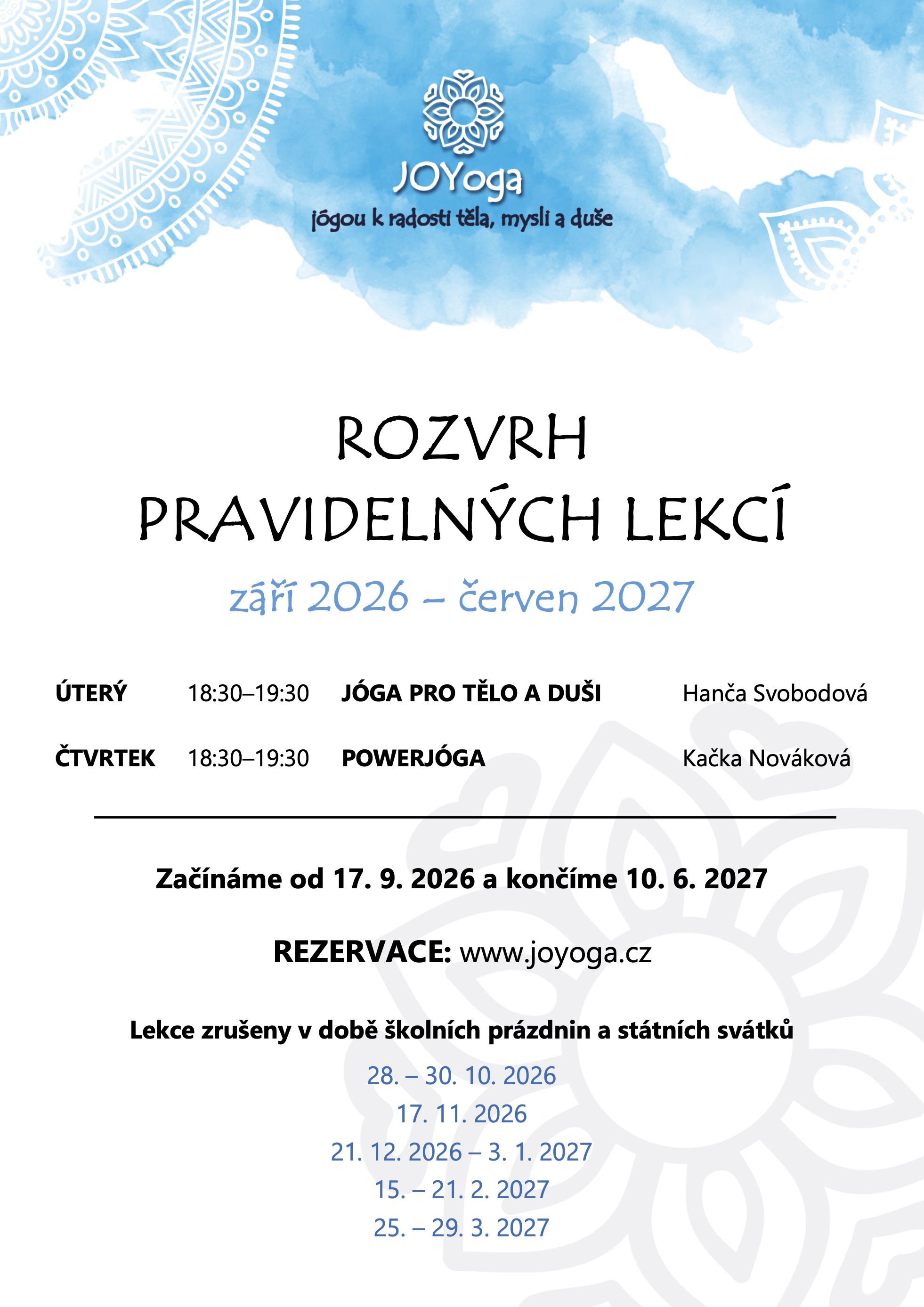 Rozvrh pravidelných lekcí 2026 Rozvrh pravidelných lekcí